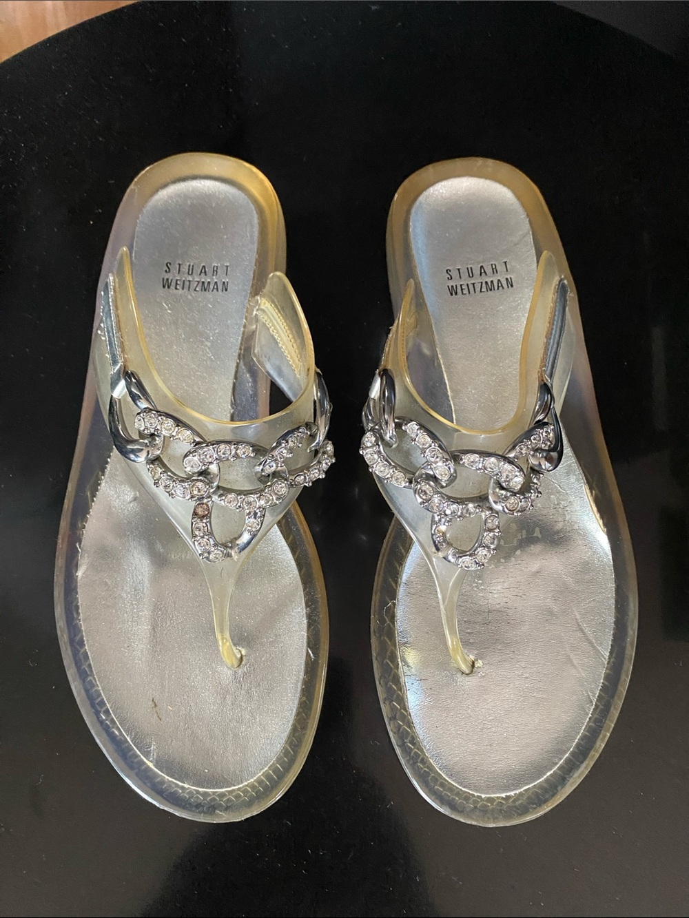 Stuart Weitzman Silver Crystal Jelly Thong Sandals